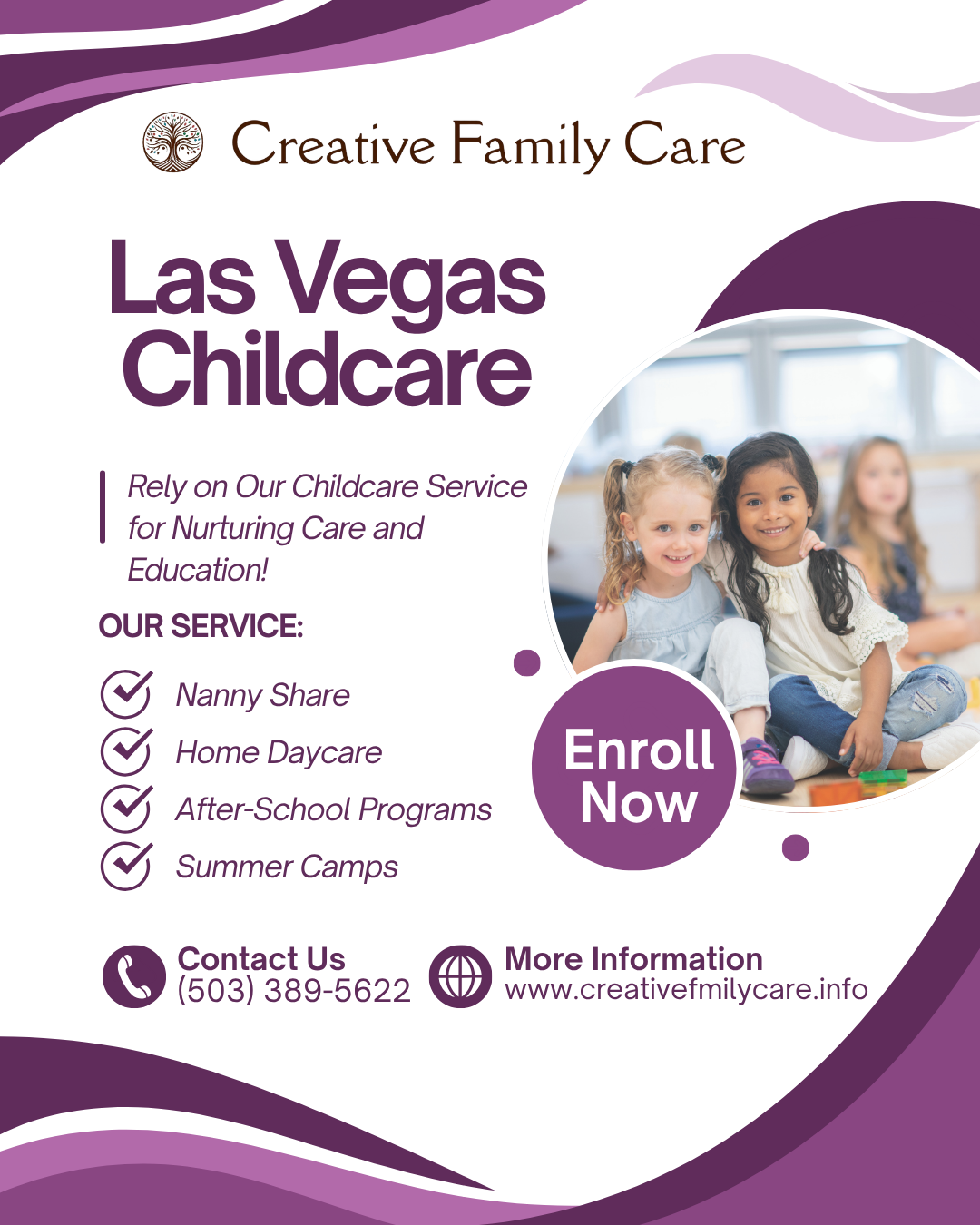 A promotional flyer for Creative Family Care Las Vegas Childcare, featuring purple and white graphic design, text detailing services like nanny share and home daycare, and a circular photo of two young girls smiling.